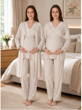 Effortt 3054 Bej Dantel Detaylı Sabahlıklı Lohusa Pijama Takımı